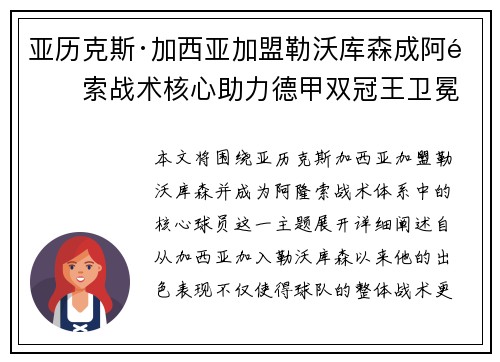 亚历克斯·加西亚加盟勒沃库森成阿隆索战术核心助力德甲双冠王卫冕 亚历克斯·加西亚加盟勒沃库森成阿隆索战术核心助力德甲双冠王卫冕